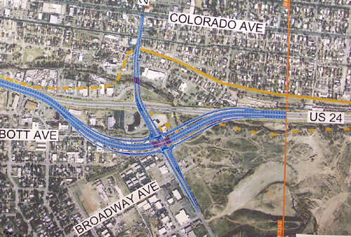 The graphic showing Highway 24 going south of Van Briggle
Pottery and through part of the  Midland neighborhood.
courtesy of Colorado Department of Transportation 